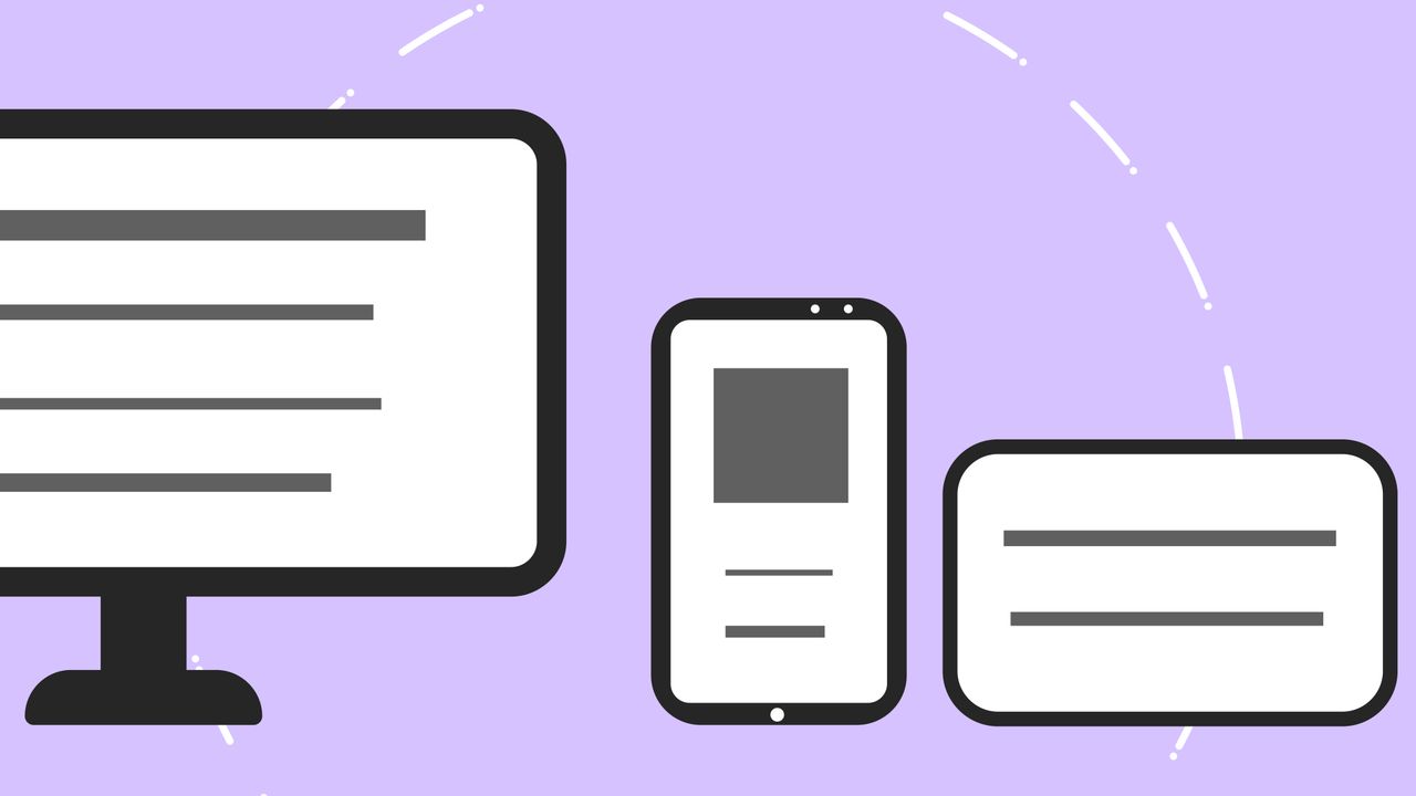 Icônes vectorielles représentant un téléphone moderne près d’un écran d’ordinateur et d’une carte bancaire, sur fond violet avec des lignes grises